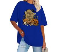 Heres Lies My Mental Stability Shirt Halloween Pumpkins Skull Graphic Short Sleeve T-Shirts Royal Blue
