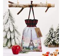 HerfsT Christmas Gift Bags With Drawstring Paris Eiffel Tower With Flowers Print Burlap Gift Bag Reusable Xmas Favor Bags For Christmas Goody Birthday Thanksgiving Holiday Party Favor