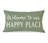 HERHOME Decorative Throw Pillow Cover 12x20 Inch Welcome to Our Happy Place Sage Green Outdoor Spring Summer Farmhouse Front Porch Patio Decor Lumbar Cushion Case Decoration for Living Room Sofa Couch