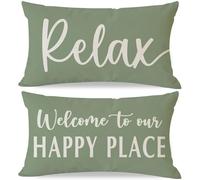 HERHOME Welcome to Our Happy Place Relax Throw Pillow Covers 12x20 Set of 2 Sage Green Outdoor Farmhouse Spring Summer Decorations Lumbar Decorative Cushion Case for Home Couch Living Room Porch Decor