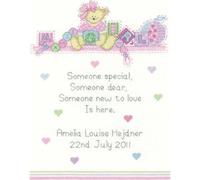 Heritage Crafts 14 count aida Sue Hill Birth Sampler Baby Girl Counted Cross Stitch Kit