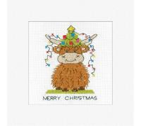 Heritage Crafts Christmas Card Cross Stitch Kit - Highland Cow Christmas Lights Cross Stitch Card Kit