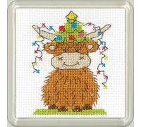 Heritage Crafts Christmas Coaster Cross Stitch Kit - Highland Cow Christmas Lights Coaster - Kirsten Roche Designs