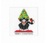 Heritage Crafts Cross Stitch Card Kit - Black Cat Christmas Tree Hat - Counted Cross Stitch Christmas Card Kit