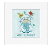 Heritage Crafts Sparkle & Sequin Christmas Card Cross Stitch Kit - Frosted Highland Cow - Scarf Cross Stitch Card Kit