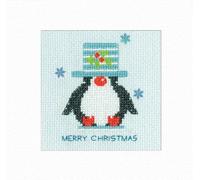 Heritage Crafts Sparkle & Sequin Christmas Card Cross Stitch Kit - Frosted Penguin - Top Hat Cross Stitch Card Kit