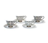 heritage Fine Bone China Cups and Saucers Set, 4 Pieces, Geometric Patterns Free UK DELIVERY