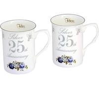 heritage Pair of 25th (Silver) Fine Bone China Wedding Anniversary Mugs