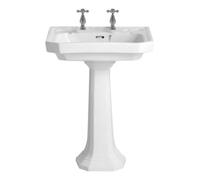 Heritage Upperton Gloss White D-Shaped Wall-Mounted Full Pedestal Basin 2 Tap Holes (H)84.5Cm (W)60.5Cm
