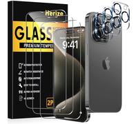 Herize 3 Pack Screen Protector for iPhone 15 Pro with 3 Pack Camera Lens Protector, 6.1 Inch HD Clear 9H Hardness Tempered Glass Film, Scratch Resistent