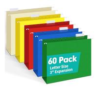 HERKKA Extra Capacity Hanging File Folders, 60 Pack Reinforced Letter Size Hanging Folders with Heavy Duty 3 Inch Expansion, Designed for Bulky Files, Medical Charts, Adjustable Tabs, Assorted Colors
