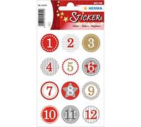 HERMA 15254 Stickers Numbers 1-24 Glitter Round, 24 Pieces, Diameter 2 cm, Christmas Stickers with Stars Snowflakes Motif, Number Number Adhesive Numbers Labels for Christmas Decoration, Advent