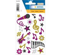HERMA 3276 Stickers Music Glitter, Pack of 22, Music Notes Stickers with Microphone Guitar Clef Flowers Stars Motif, Children's Labels for Photo Album, Diary, Poetry Album, Scrapbooking, Birthday