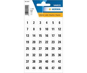 HERMA 4124 Number Stickers Black 1-240 Round, Pack of 240, Diameter 12 mm, Self-Adhesive, Large, Matt, Number Number Adhesive Numbers Stickers, House Numbers Made of Paper for Sticking, White