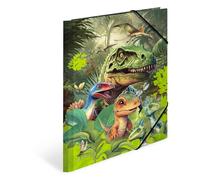 HERMA Children's A4 Dinosaur Portfolio Folder, Corner Folder Made of Cardboard with Animal Dino Motif, Elastic Band, Inner Flaps and Inner Print for Boys and Girls