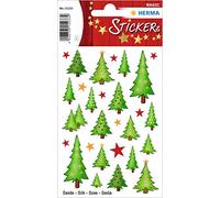 HERMA Christmas Tree Stickers, Silk, Matte, Green, 28 Stickers, Self-Adhesive, Permanent, Indoor Use, Christmas Trees, Stars, Sheet, Water Resistant, Single Use, Crystal Finish