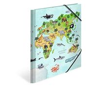 HERMA Portfolio Folder A4 World Map Corner Folder Made of Cardboard with Nursery Motif, Elastic Band, Inner Flaps and Inner Print for Boys, Girls and Children