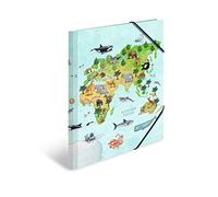 HERMA Portfolio Folders A3 World Map Set, 3 Pieces, Cardboard Corner Folder with Nursery Motif, Elastic Band, Inner Flaps and Inner Print for Boys, Girls and Children