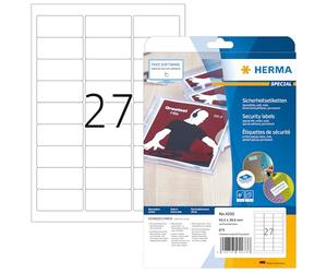 HERMA Self Adhesive Anti Tamper Security Labels, 27 Labels per A4 Sheet, 25 Sheets, 63.5 x 29.6 mm, 675 Labels, Blank Special Film Labels Stickers, Sticky Labels for Laser Printer, White
