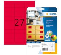 HERMA Self Adhesive Coloured Labels, 27 Labels per A4 Sheet, 20 Sheets, 63.5 x 29.6 mm, 540 Labels, Blank Colour Labels Stickers, Sticky Labels for Laser & Inkjet Printer, Neon Red