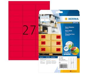 HERMA Self Adhesive Coloured Labels, 27 Labels per A4 Sheet, 640 Sheets, 63.5 x 29.6 mm, 17280 Labels, Blank Colour Labels Stickers, Sticky Labels for Laser & Inkjet Printer, Neon Red