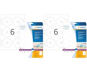 HERMA Self Adhesive Full Face Mini CD Labels, 6 Labels Per A4 Sheet, 60 Labels for Printers, with Positioning Aid, Ø 78 mm (8619), White (Pack of 2)