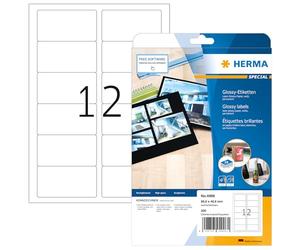 HERMA Self Adhesive High Gloss Labels, 12 Labels per A4 Sheet, 25 Sheets, 88.9 x 46.6 mm, 300 Labels, Blank Photo Quality Labels Stickers, Sticky Labels for Laser Printer, White
