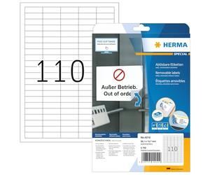 HERMA Self Adhesive Removable Labels, 110 Labels per A4 Sheet, 800 Sheets, 38.1 x 12.7 mm, 88000 Labels, Blank Multipurpose Labels Stickers, Sticky Labels for Laser & Inkjet Printer, White