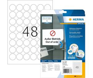 HERMA Self Adhesive Removable Round Labels, 48 Labels per A4 Sheet, 25 Sheets, Ø