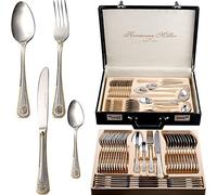 Hermann Miller Royal Family Collection 72 Pc Fine Flatware Silverware Set Gift Carrying Case, Elegant Design, Serves Parties 12 people, Perfect Housewarming Graduation Loved Ones, Decorative Gold