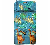 hermet Dinosaurs, Single Bed Sheet Set, Single Bedroom, Complete Bed Set, Top Sheet, Fitted Sheet, Pillowcase, 100% Cotton, Light Blue