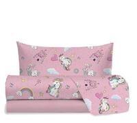 Hermet Jolly Unicorn Single Bed Sheet Set, 100% Cotton, Top Sheet + Fitted Sheet + Pillowcase, Pink Bedding Set for Bedroom