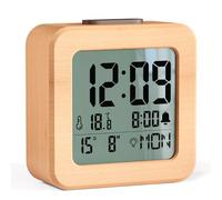 HERMIC Alarm Clock, Wooden Digital Alarm Clock Bedside Battery Powered with Temperature, Date, LCD Backlit, Light Sensor, Snooze, 12/24H, Loud Clock for Heavy Sleepers【3 AAA Battery Included】