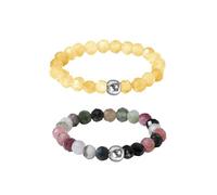 Hernin 2 Pcs Natural Stone Bead Ring 3mm Beaded Elastic Ring Crystal Bead Finger Rings Natural Gemstone Crystal Rings for Women (Mixed+Yellow)