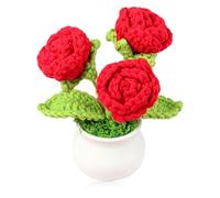 Hernin Roses Crochet Flowers Handmade Knitted, Forever Rose Knitted Flower Bouquet Potted Plants Bouquet Artifical Handmade Knitted Plants Desk Decor for Office Home (red)