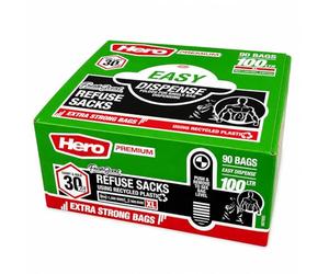 Hero 90 Box Scented Heavy Duty Bin Bags Black Refuse Liners 100L Large Easy Dispense - Eco Friendly Strong Recycled Bags - Household, Garden & Commercial Use