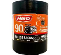 Hero Extra Strong Black Bin Bags 90L Tie Top Refuse Rubbish Sacks, Pack Of 90