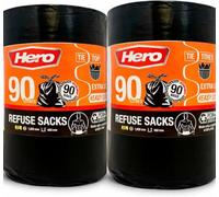 Hero Extra Strong Black Bin Bags, Refuse Sacks, Tie Top, 90 Litre, Pack of 90 (180)
