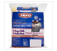Hero Interleaved Drawstring Swing Bin Liners, Floral Scented Trash Bags, 8 Bags per Roll, Case of 24 Rolls, Strong Household Bin Bags with Tie Handles