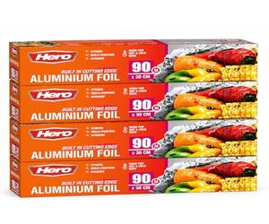 Hero Strong Kitchen Foil 90m x 300mm - Premium Aluminium Tin Foil with Easy Cutter Dispenser | Non-Stick, Freezer Safe Foil for Catering, BBQ, Baking, Cooking & Food Wrapping - 4 x Rolls