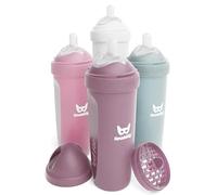 Herobility Anti-Colic Baby Bottles 12 fl oz/340ml - Pack of 4 Plastic Baby Bottles, Slow Flow Plastic Bottles, Breast-Shaped Teat for Breastfed Babies - Multicolor - White, Gray, Pink, Hawthorn Rose