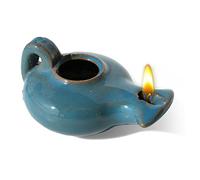 Herodian Blue Glazed Oil Lamp with Handle - Authentic Biblical Clay Candle Holder Replica from The Holy Land - Handmade Judaica & Christian Faith Gift with Certificate of Authenticity