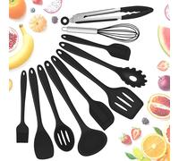 Herogo 10 Pieces Silicone Kitchen Utensils Set for Baking - Black | Non-Stick & Heat Resistant Cooking Utensils Set Include Spatula Whisk Spoon Turner Tongs, Non-toxic & Dishwasher Safe