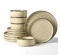 Herogo 12 Piece Dinner Set, Stoneware Dinnerware Sets for 4 People, Reactive Glaze Dining Plates and Bowls, Microwave and Dishwasher Safe, Chip and Scratch Resistant, Sandy Beige