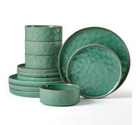 Herogo 12 Piece Dinner Set, Stoneware Dinnerware Sets for 4 People, Reactive Glaze Dining Plates and Bowls, Microwave and Dishwasher Safe, Chip and Scratch Resistant, Emerald Green