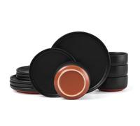 Herogo 12 Pieces Reactive Glaze Dinner Set Service for 4 - Matte Black | Dishwasher Safe, Scratch Resistant, Stoneware Dinnerware Set Speckled Plate and Bowl Set with Auburn Red Bottom