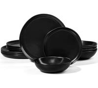 Herogo 12Pcs Plates and Bowls Set for 4, Irregular Handmade Stoneware Dinnerware, Crack and Scratch Resistant, Microwave & Dishwasher Safe, Reactive Glaze, Artistic Rustic Tableware, Matte Black