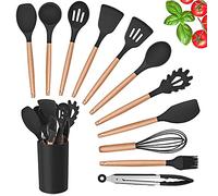 Herogo 12Pcs Silicone Kitchen Utensil Set with Holder, Wooden Handle, Black | Heat Resistant Cooking Utensil for Non Stick Cookware Pans, Include Spatula Turner Spoon Ladle Whisk Tong, Easy to Clean