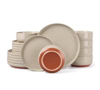 Herogo 18 Pieces Reactive Glaze Dinner Set Service for 6 - Cinnamon Brown | Dishwasher Safe, Scratch Resistant, Stoneware Dinnerware Set Speckled Plate and Bowl Set with Auburn Red Bottom