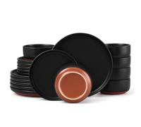 Herogo 18 Pieces Reactive Glaze Dinner Set Service for 6 - Matte Black | Dishwasher Safe, Scratch Resistant, Stoneware Dinnerware Set Speckled Plate and Bowl Set with Auburn Red Bottom